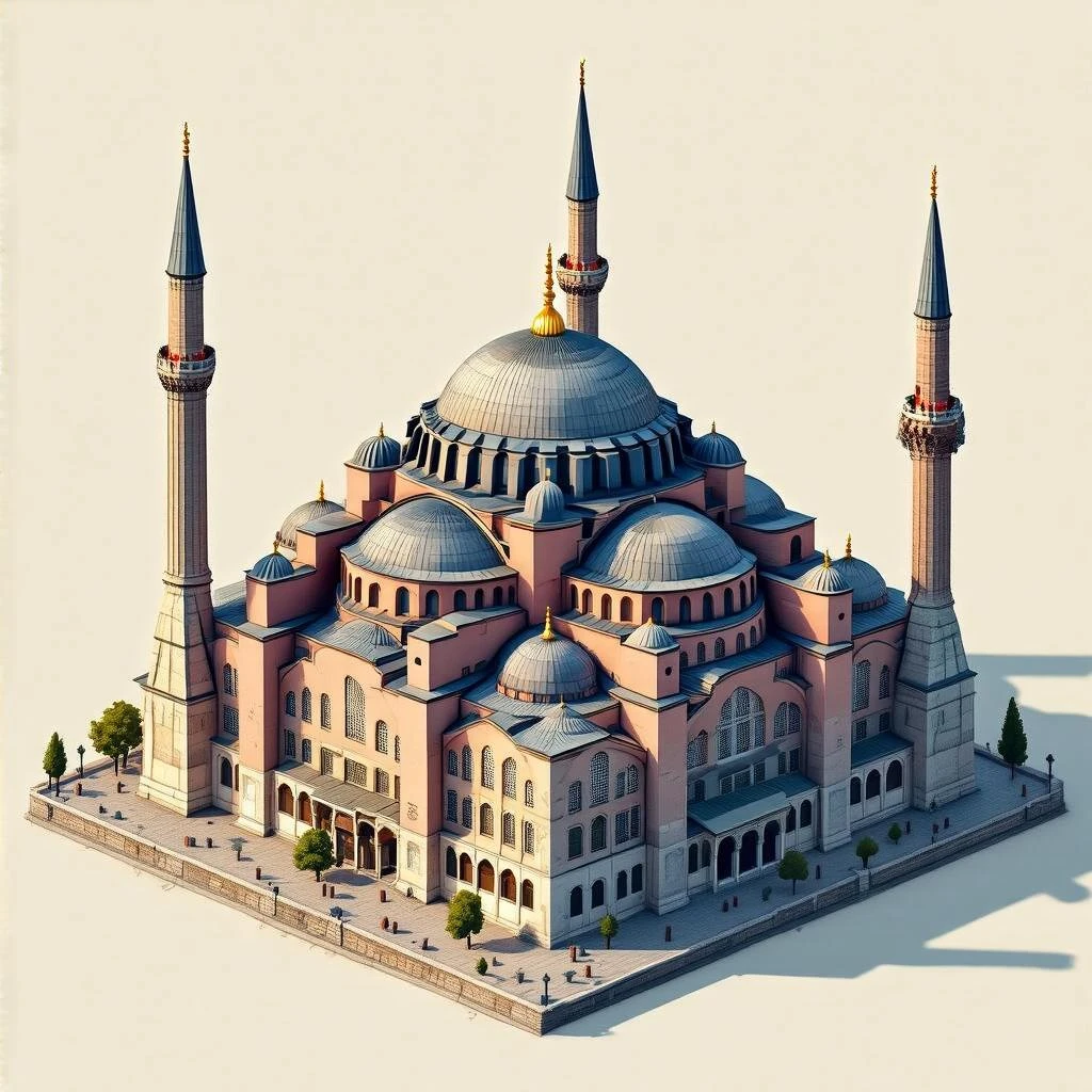 Isometric illustration of Istanbul, featuring photorealistic of Hagia Sophia in Istanbul central dome with four minarets, subtle stone textures, soft lighting and shadows, semi-realistic and stylized miniature look, transparent background. emoji