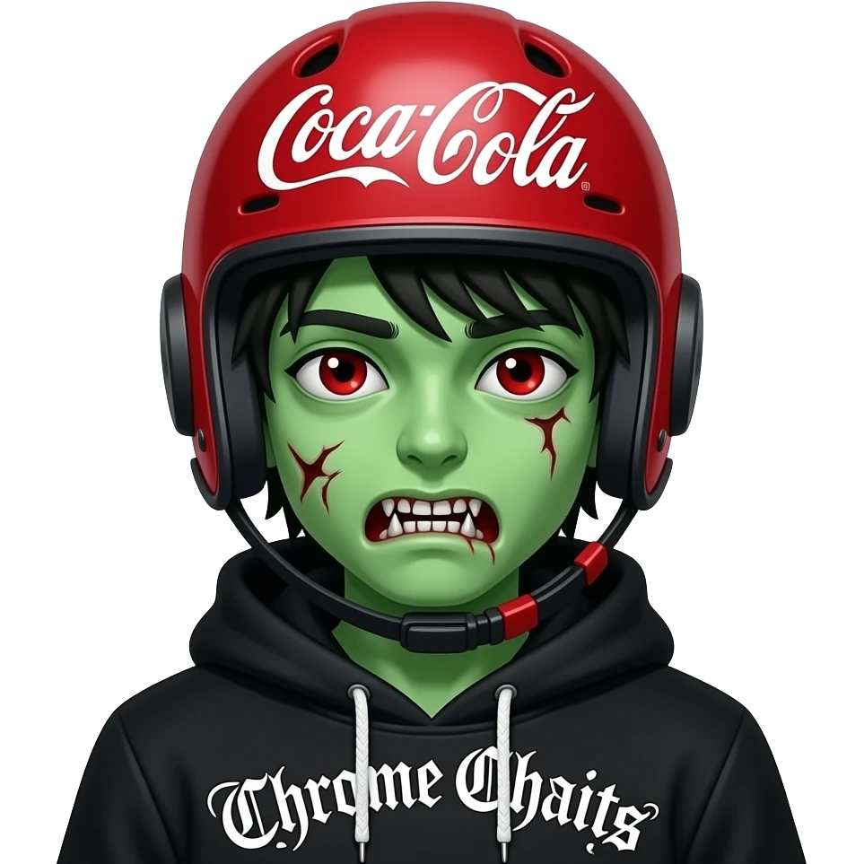 A young zombie with red veins in his eyes, green skin, wearing silver grillz, and black hair falling over his decaying (torn) eyebrows. He has a Coca-Cola drinking helmet on his head and wears a Chrome Hearts hoodie. emoji