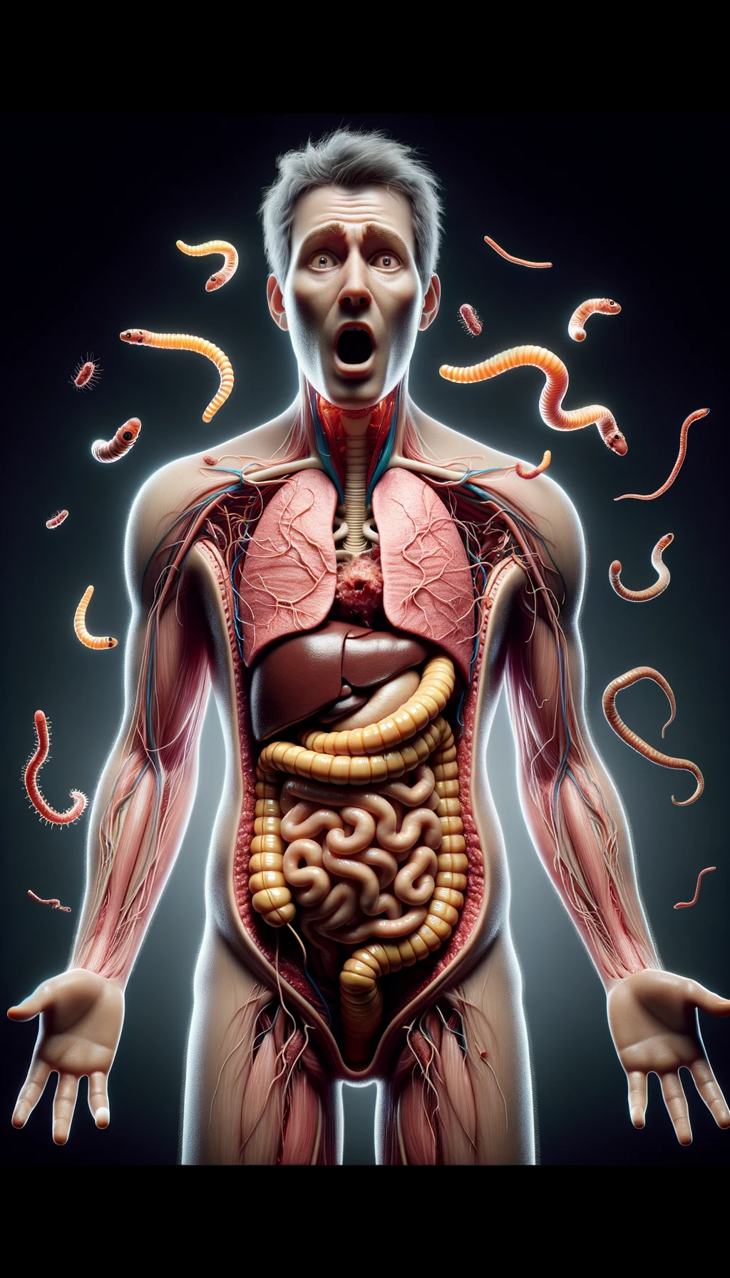 corpo umano anatomico con intestino in evidenza, con parassiti tipo la tenia che gli striscia addosso,  sulla pelle, figura visibile fino ai fianchi, espressione del volto scioccata, iperrealistico 4k emoji