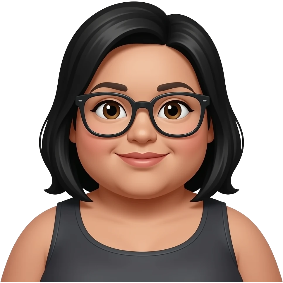 Fat girl emoji with glasses and black hair medium skin tone emoji