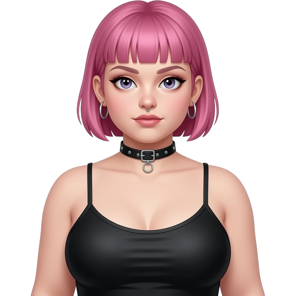 obese goth girl in a spaghetti string halter top with ear rings nose ring, choker and short buzzcut pink hair. show her from head to foot emoji