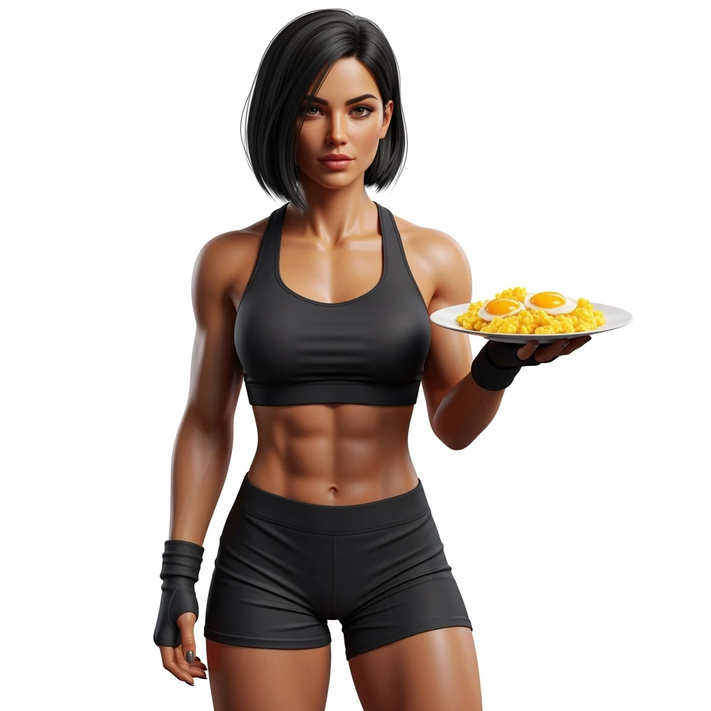DONNA FITNESS CHE HA IN MANO UN PIATTO DI UOVA STRAPAZZATE, IPERREALISTICA 4K, SENZA SFONDO emoji