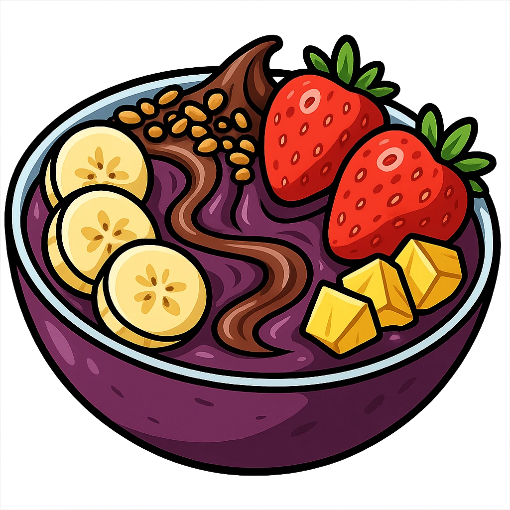 acai bowl with banana, strawberries, Nutella, pineapple, and granola, cartoon style, bright colors, detailed toppings emoji