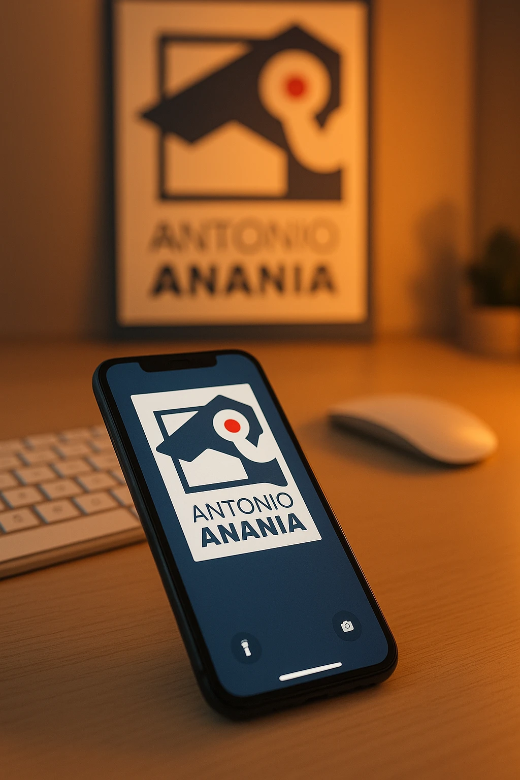 A photo of an iPhone on the desk with the logo of "Antonio Anania" on its screen, The phone sits atop a desk with a blurred with the logo in the background that suggests work environment. A faint glow from above casts gentle shadows across the surface of each object, creating depth and highlighting their textures emoji