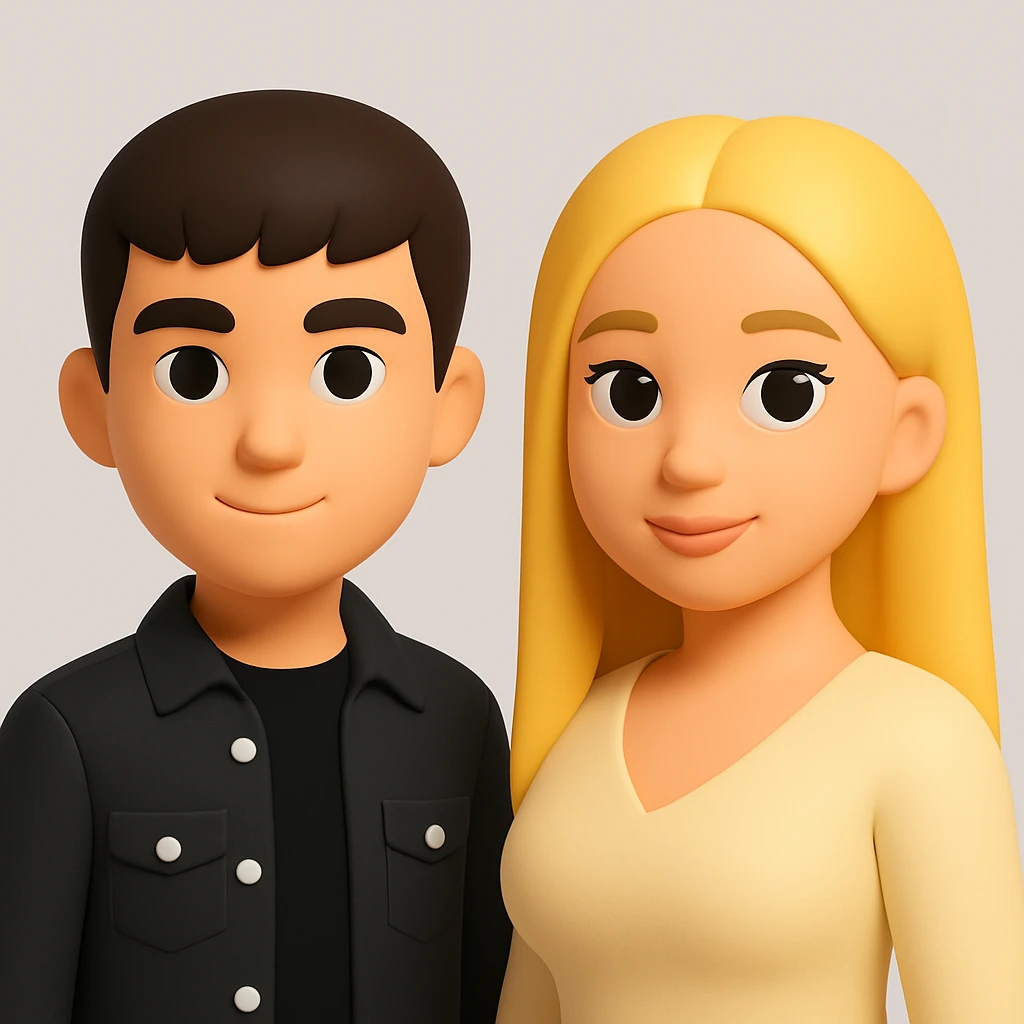 In the style of 3D Emoji, slightly increase the volume of the upper body of the girl, separate the girl and the boy from each other, and make the skin color the same for both characters. The style should reflect the Microsoft style 3D fluent emojis with concise and clear features. emoji