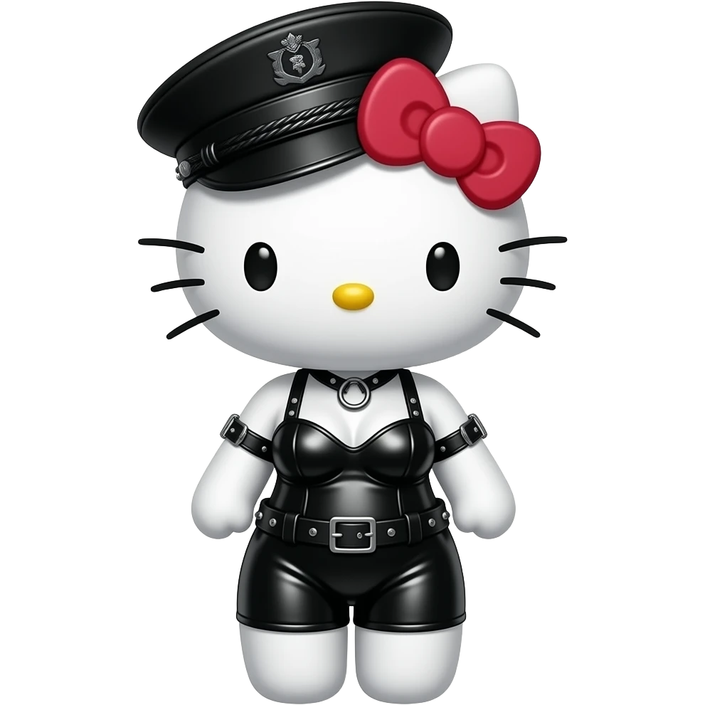 hello kitty representada de cuerpo entero como Dominatrix BDSM fetichista vestida de latex ajustado y O-ring harness, gorra militar de cuero con tachuelas, emoji