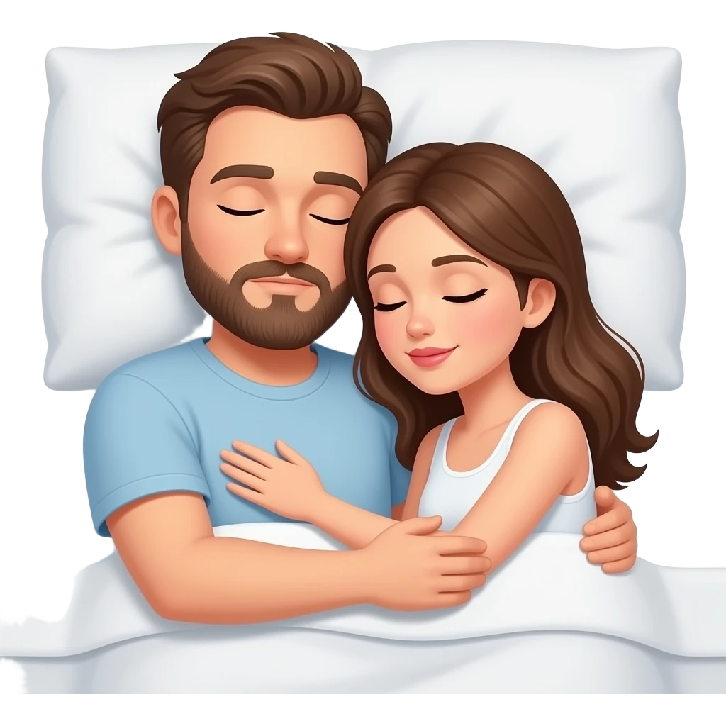 Realistic white man brown hair with beard hugging while sleeping in bed with white girl brown hair emoji