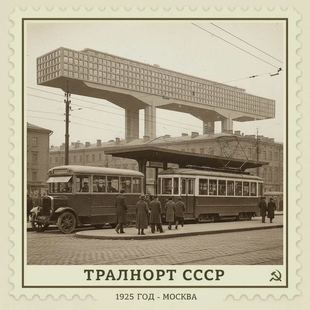 Автобус и трамвай у остановки, которая рядом с горизонтальным небоскребом Эля Лисицкого. СССР 1920 годы

Стилизуй изображение под марку как на фото emoji