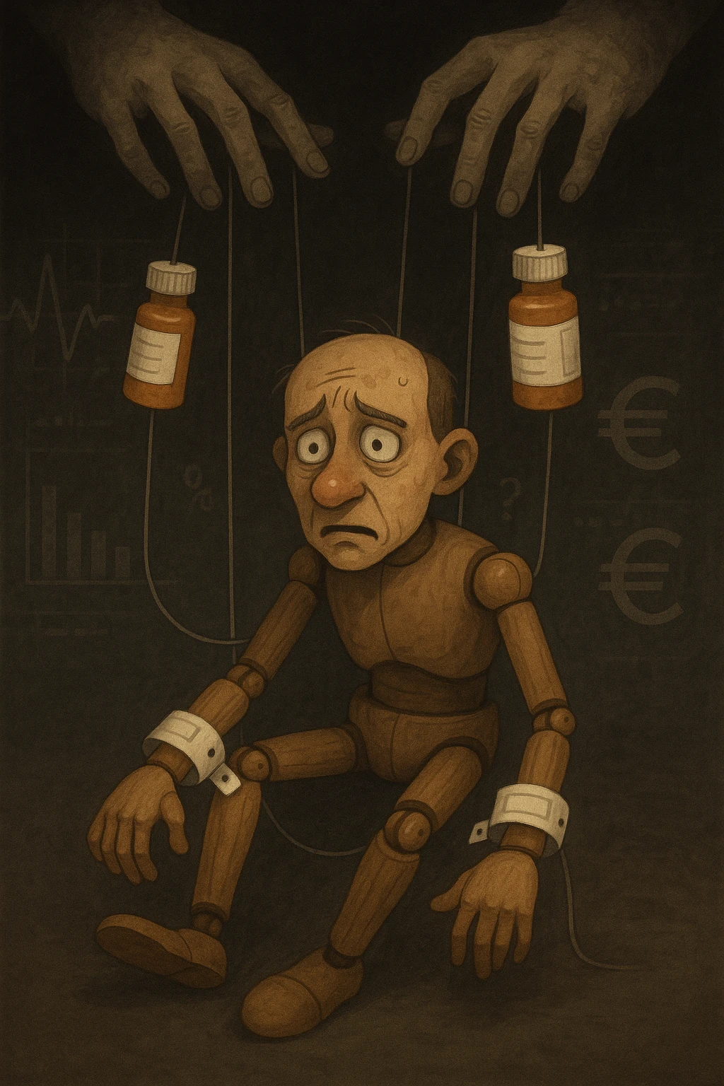a marionette puppet with hospital bracelets and medication bottles as strings is controlled by unseen hands from above. The puppet’s face shows confusion and fatigue, representing the feeling of being managed by an invisible system. The background is dark, with faint images of medical charts and euro signs. in italiano emoji