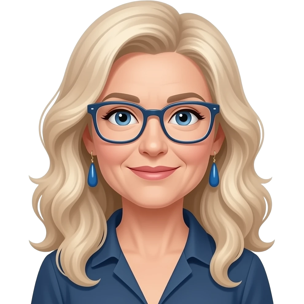 https://www.emojis.com/emoji/late-thirties-woman-with-long-cool-toned-blonde-loosely-curled-hair-rectangula-WvFNEgYSKoh, with blue dangly earrings and rectangle glasses emoji