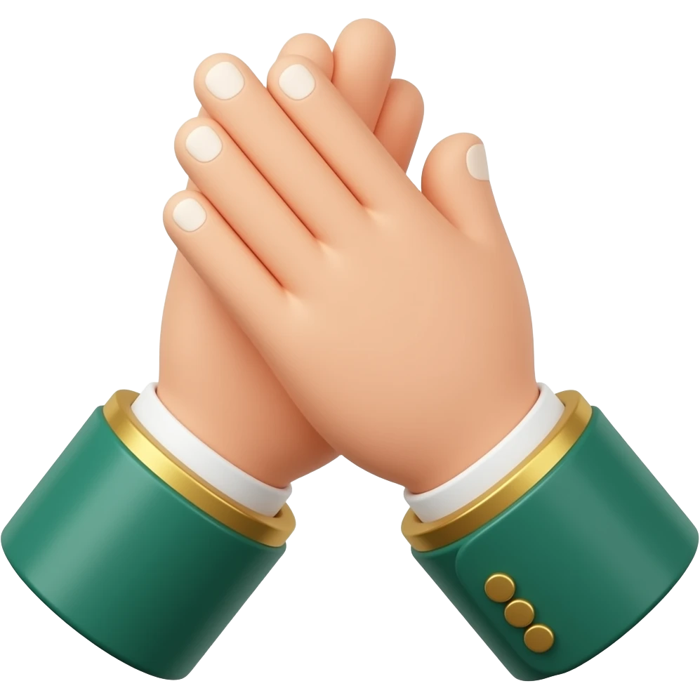 3D isometric clapping hands icon, formal gold-button cuffs.
Minimalist professional style, emerald green & gold accents.
Soft studio lighting, 8k Octane render, ray-tracing detail.
Isolated on white background, premium literary aesthetic --v 6.0 emoji