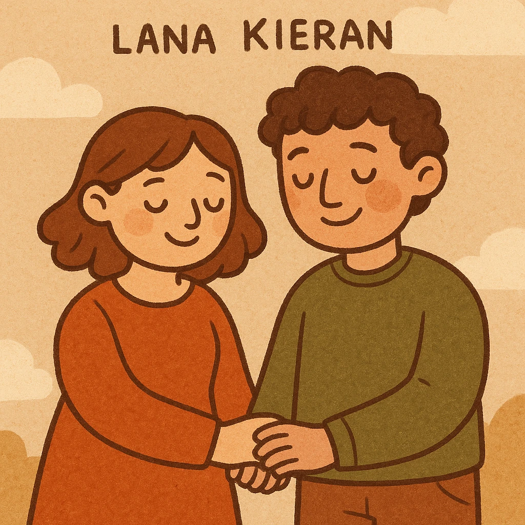 Lana and Kieran as a cute couple, holding hands, smiling, in a modern cartoon style emoji