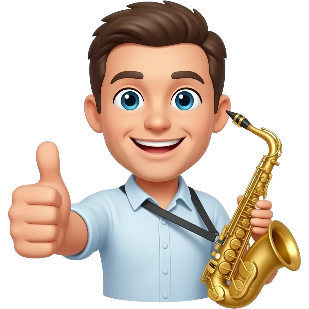 give me a funny emoji png who's showing with his thumb that everything fine, also on the other hand he holds a jazz instrument emoji