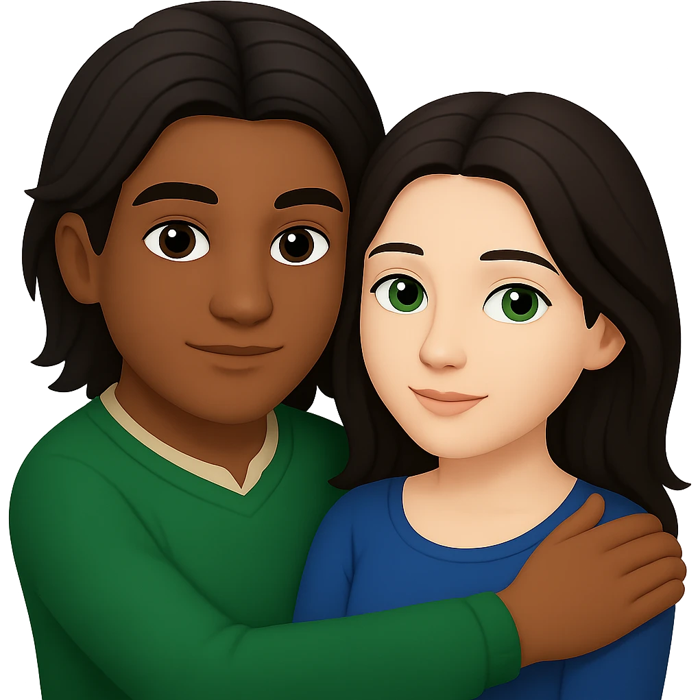 Edit the image in apple emoji style with no background. Change the man to have a darker skin tone, short hair, and brown eyes. Keep the woman with long dark hair and green eyes. Depict a young Métis man and young white woman cuddling, love theme. emoji