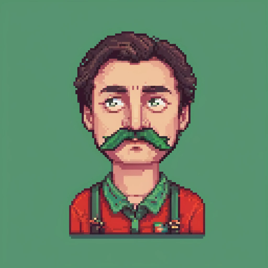 Recep İvedik, exaggerated facial features, thick eyebrows, mustache, red shirt, comedic expression, retro game vibe, pixel art emoji