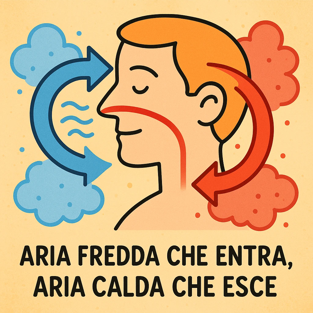 colorful illustration showing cool air entering nose (blue), warm air exiting (red), arrows indicating cycle, caption in Italian emoji