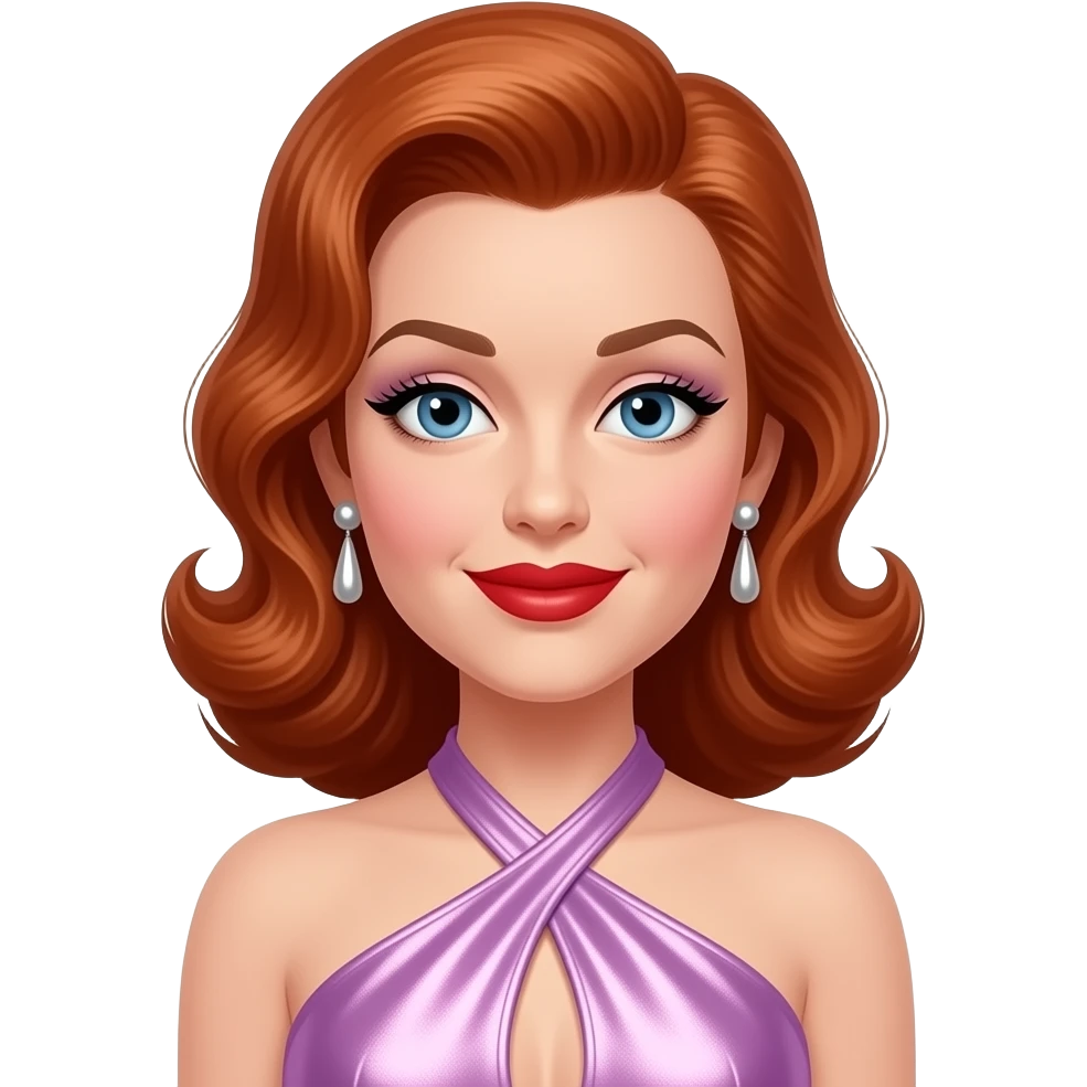 Lucille Ball with blue eyes, long red pin-up hair, periwinkle eyeshadow, red lipstick, lavender pink metallic halter dress, silver earrings emoji