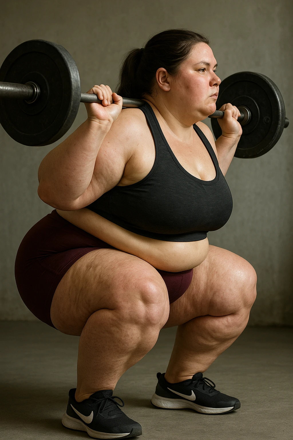 donna grassa con lipedema alle gambe che fa uno squat di profilo con bilanciere, IPERREALISTICA 4K emoji