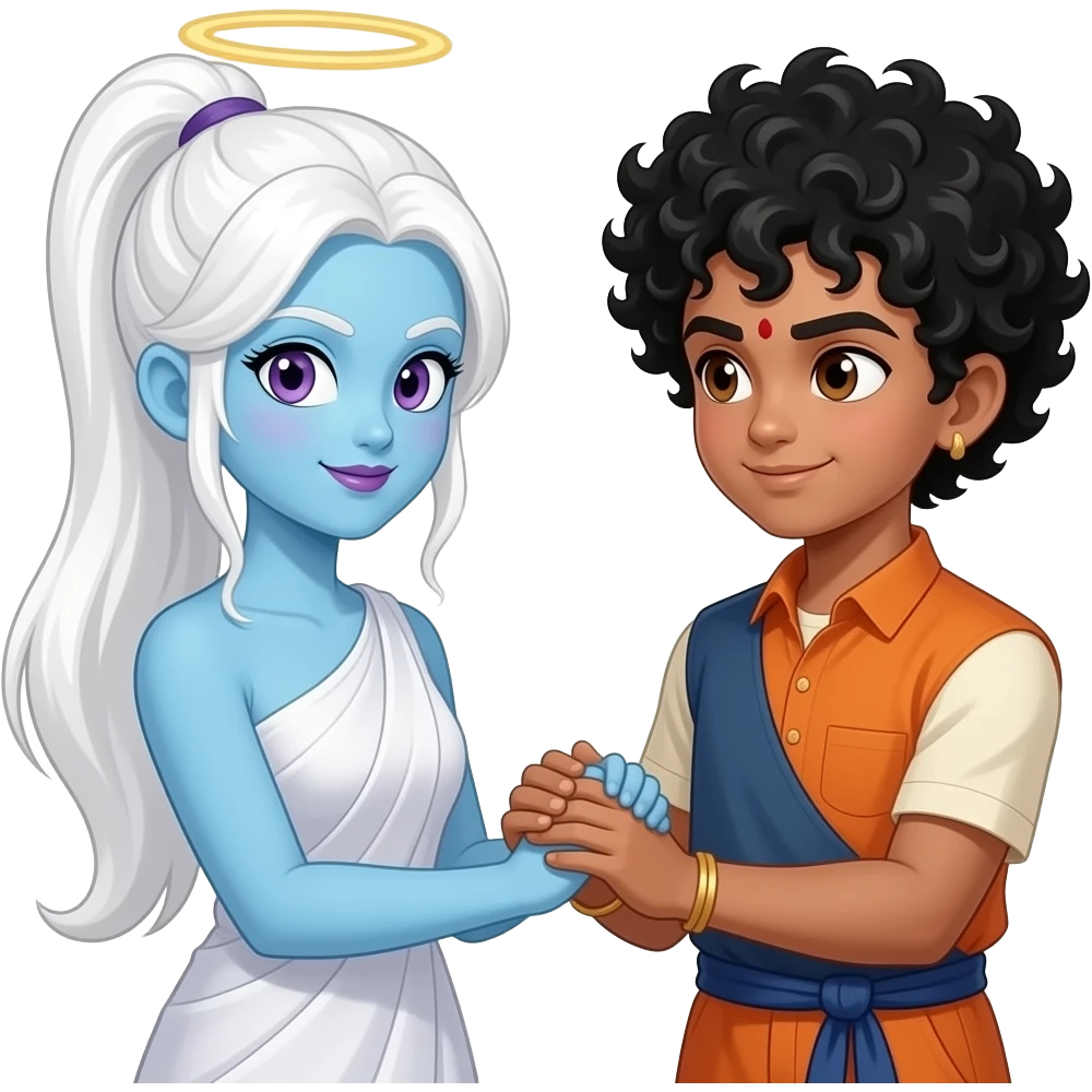 white ponytail haired pale blue skin purpled eyed and lips female angel vados from dragon ball super to meets with both hand joining black curly hair 18 yrs teenager boy indian revolutionary khudiram bose emoji