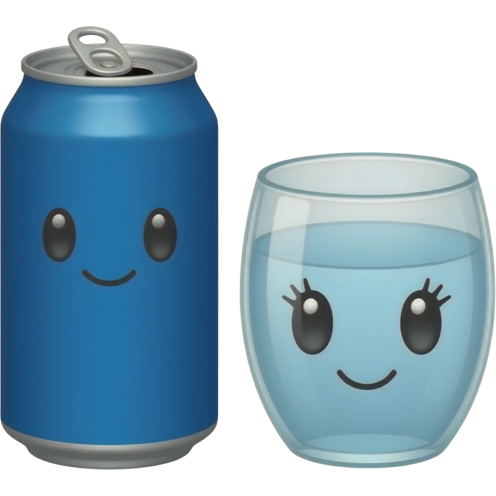 A plain blue soda can with a cute face without eyelashes and a glass bowl of water with a cute face with eyelashes emoji