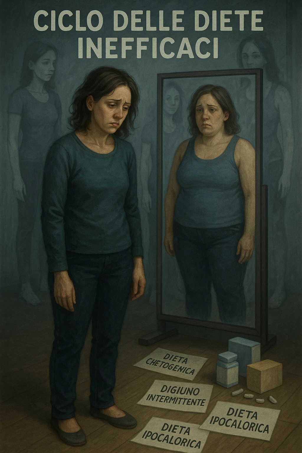 Donna tra i 30 e i 40 anni, in piedi davanti a uno specchio, con espressione delusa e stanca. Accanto a lei, sul pavimento, scatole di integratori, foglietti con scritte tipo 'Dieta chetogenica', 'Digiuno intermittente', 'Dieta ipocalorica'. Riflesso nello specchio mostra una versione di sé con peso aumentato, come se fosse tornata indietro nel tempo. Attorno a lei, immagini sbiadite o sovrapposte di sé in passato, quando era dimagrita. Atmosfera emotiva, simbolica, con luce fredda e sfumature di frustrazione. Messaggio visivo forte: 'ciclo delle diete inefficaci' in italiano emoji