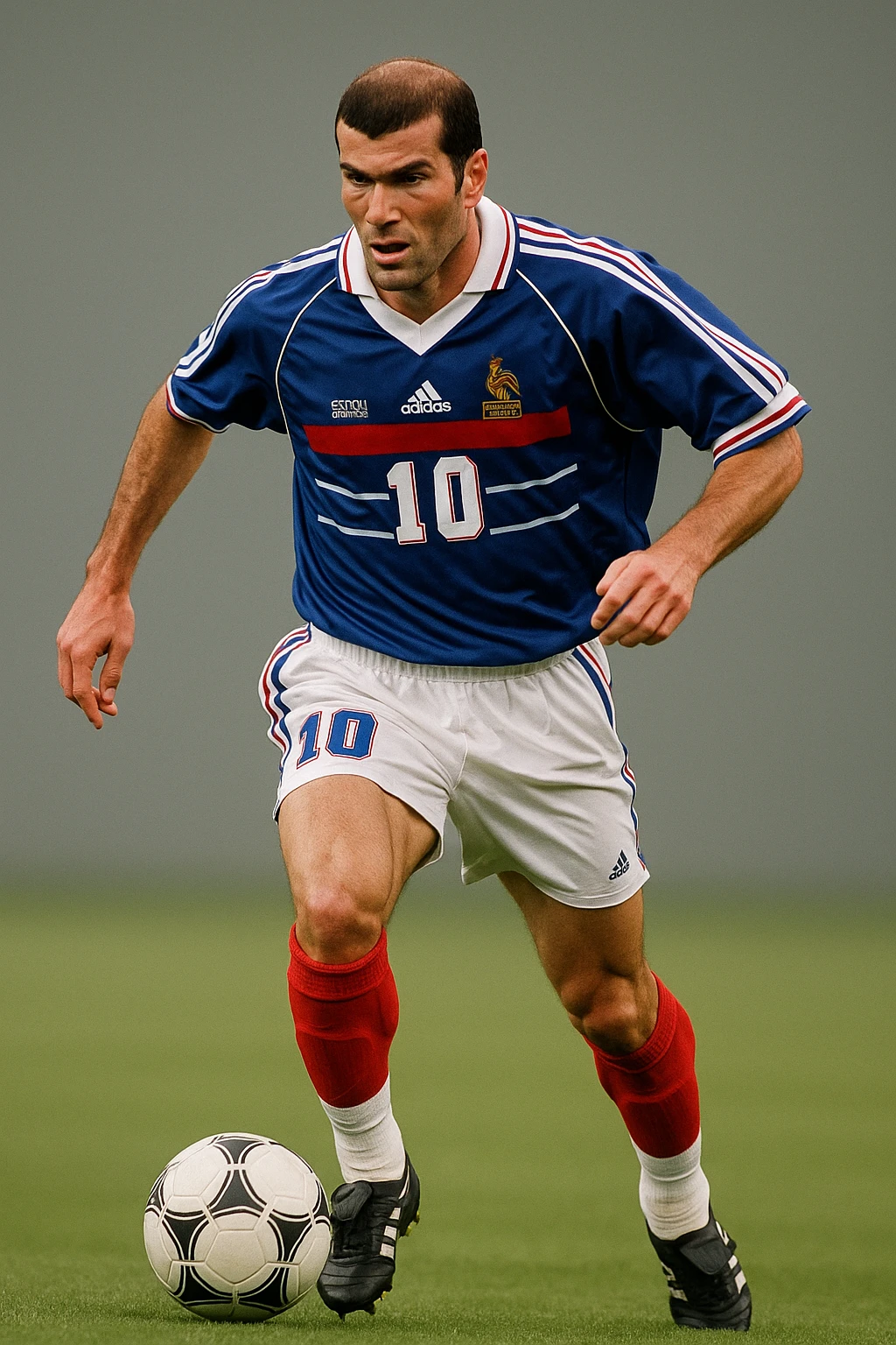 Zinedine Zidane in his prime, 1998 World Cup, blue France jersey with number 10, athletic build, focused expression, dynamic football action, simple background emoji