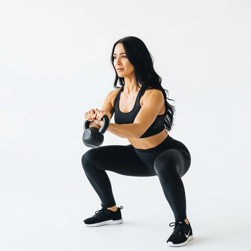 DONNA FITNESS CHE FA SQUAT CON KETTLEBELL ED ESPRESSIONE TRISTE, ISOLATA SU SFONDO BIANCO emoji