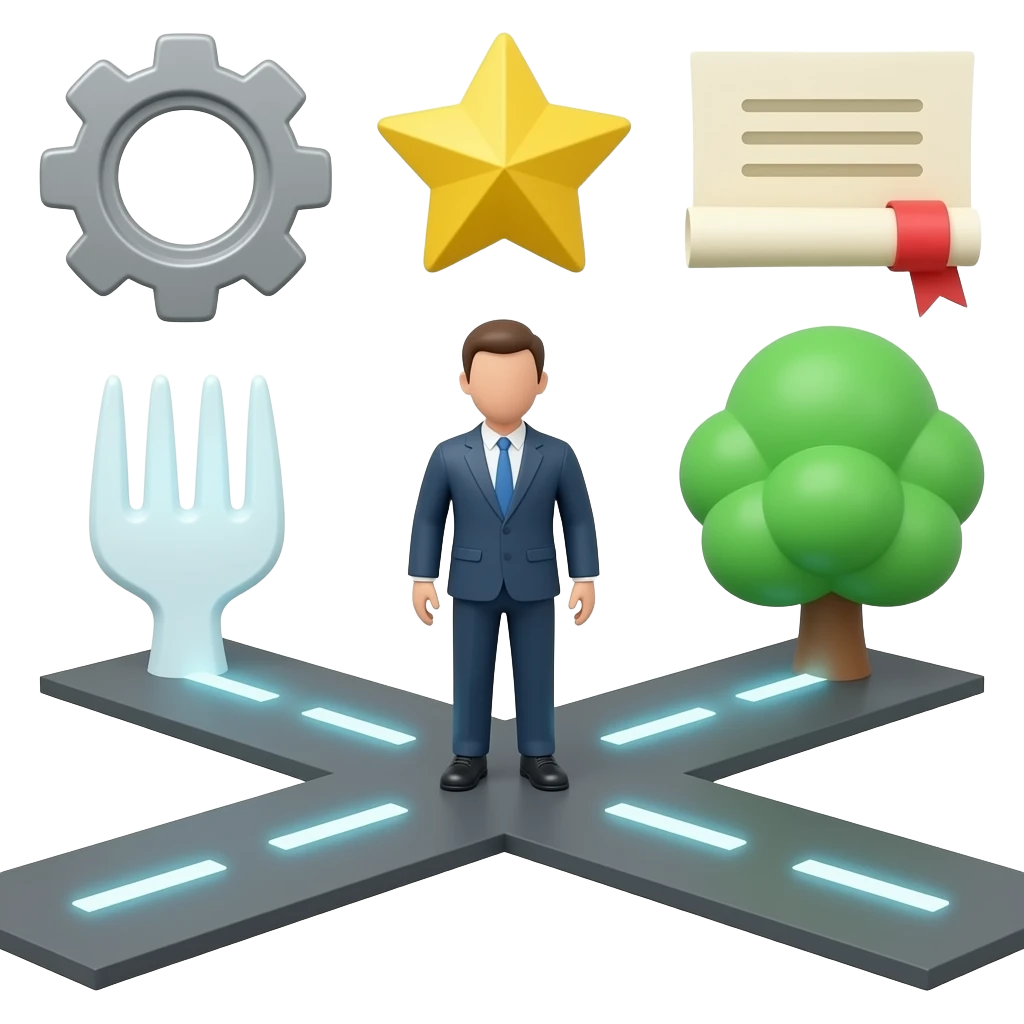 3D icon, employee development paths. A central figure standing at a crossroads. Multiple glowing branching paths leading upward to different symbols: a star, a gear, a diploma. Forking roads like a tree diagram..Clean white background. Minimalist, corporate style emoji