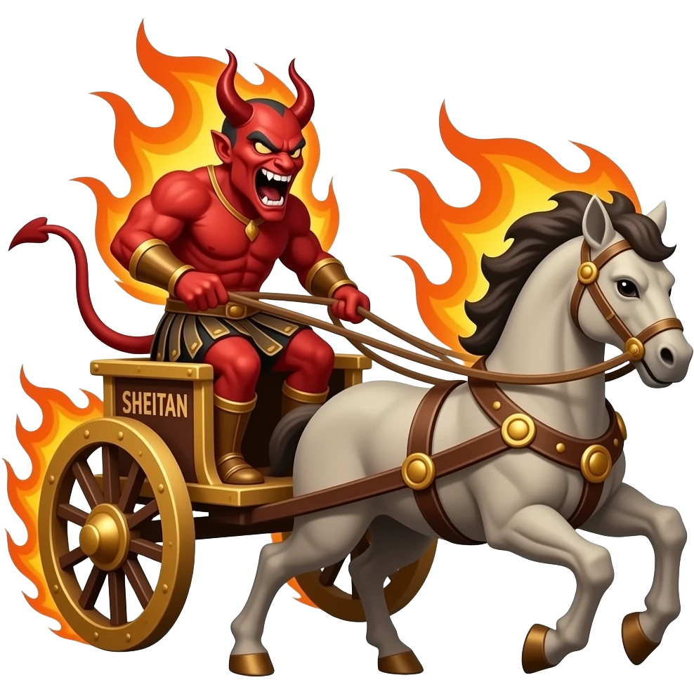 DEVIL charging into battle driving a roman war chariot text SHEITAN emoji