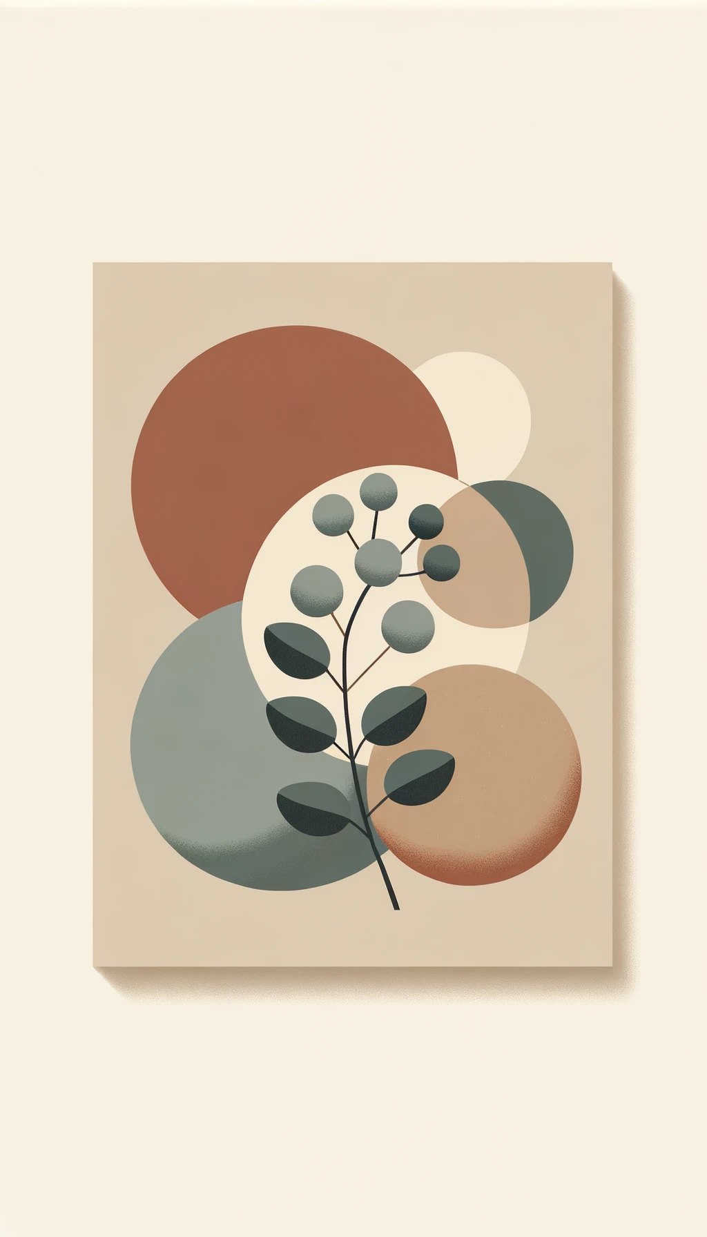 abstract botanical wall art, minimalist scandinavian style, large rounded organic shapes, eucalyptus branch silhouette, neutral earth tones (beige, sage, terracotta), subtle paper texture, modern interior decor, full bleed composition --v 6 --ar 3:4 --q 2 --style 4a emoji
