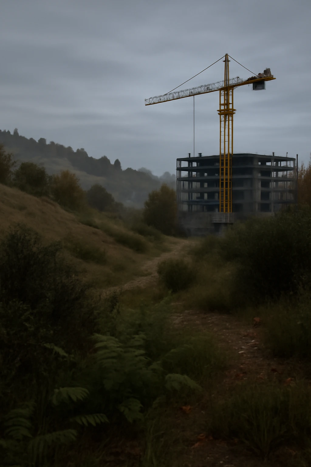  a scene amongst hills and bushes in the game DAYZ with a construction site and tall yellow crane in the background, screenshot, overcast day emoji