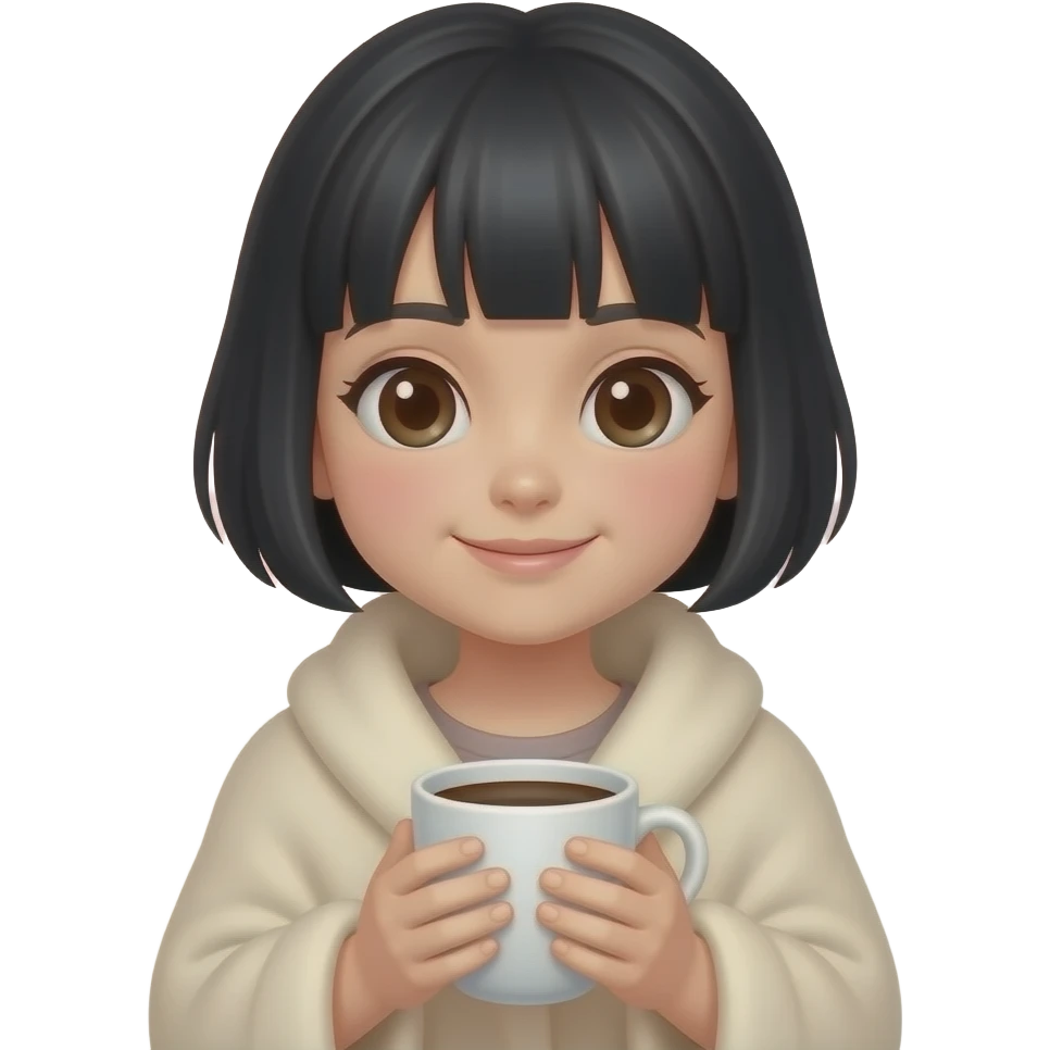 A white girl with short black hair, with a blanket and a very cozy coffee, in iPhone emoji style. emoji