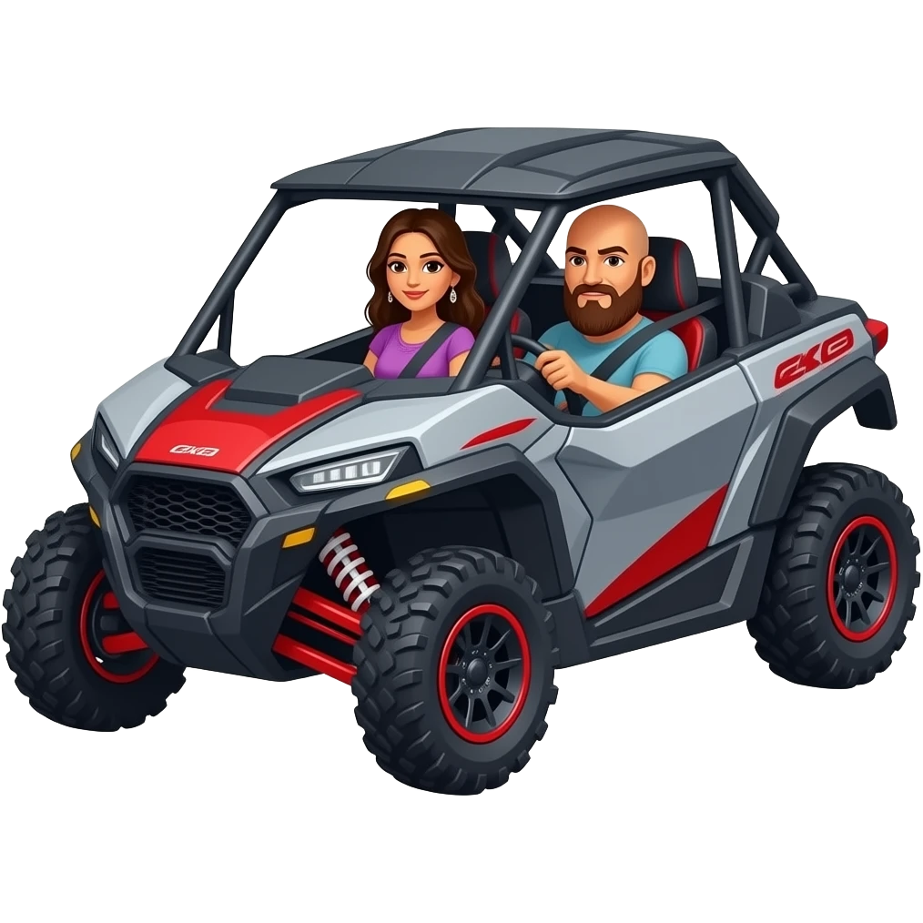 Sxs Grey and red can am maverick racing sxs with husband driving (he’s fat bald with really big beard)and wife that is Indian with brown hair emoji