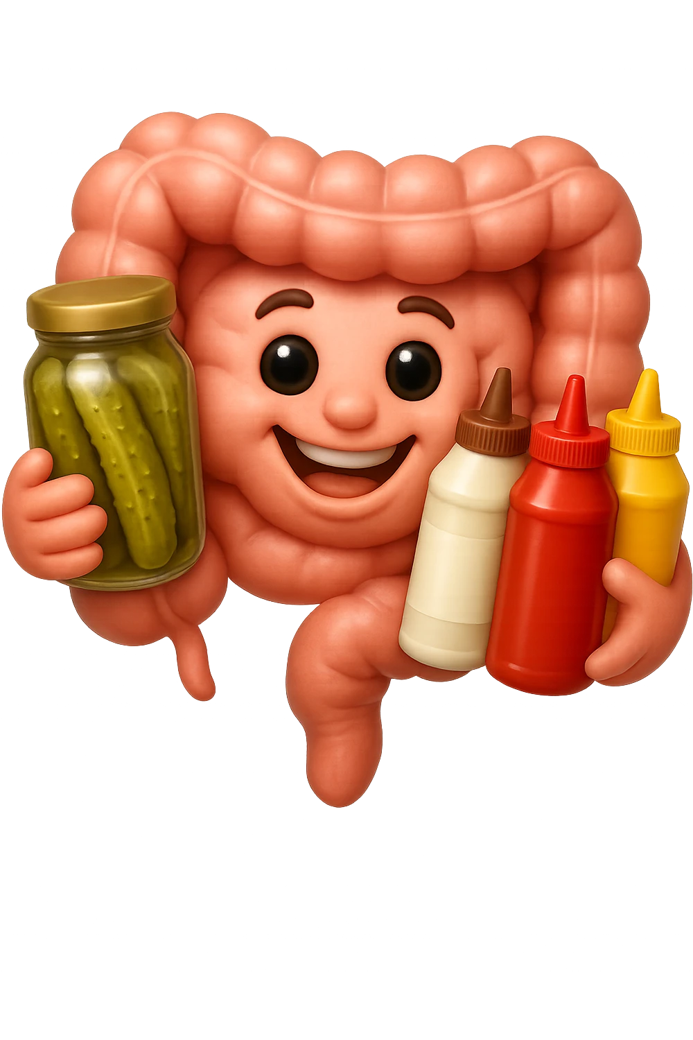 emoji stile iphone di intestino umano con espressione felice mentre tiene in mano cetriolini sottaceto, maionese, salsa barbecue, salsa, senape realistica
IPERREALISTICO 4K emoji