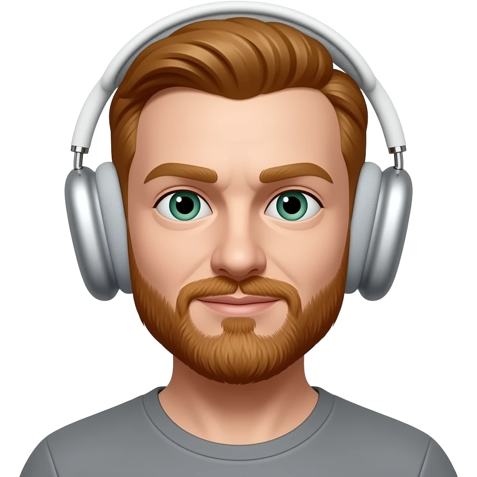 40 year old, Redheaded, beard male, green eyes, starlight airpods max emoji