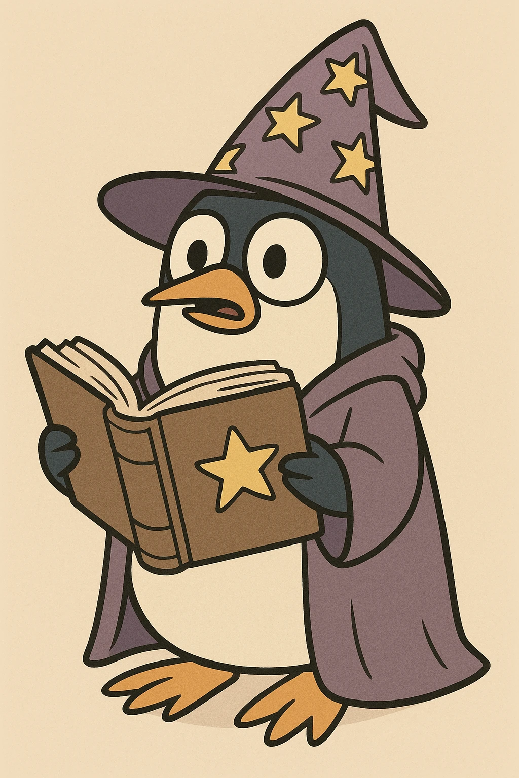 penguin wizard holding a spellbook, wearing a starry hat, cartoon style emoji