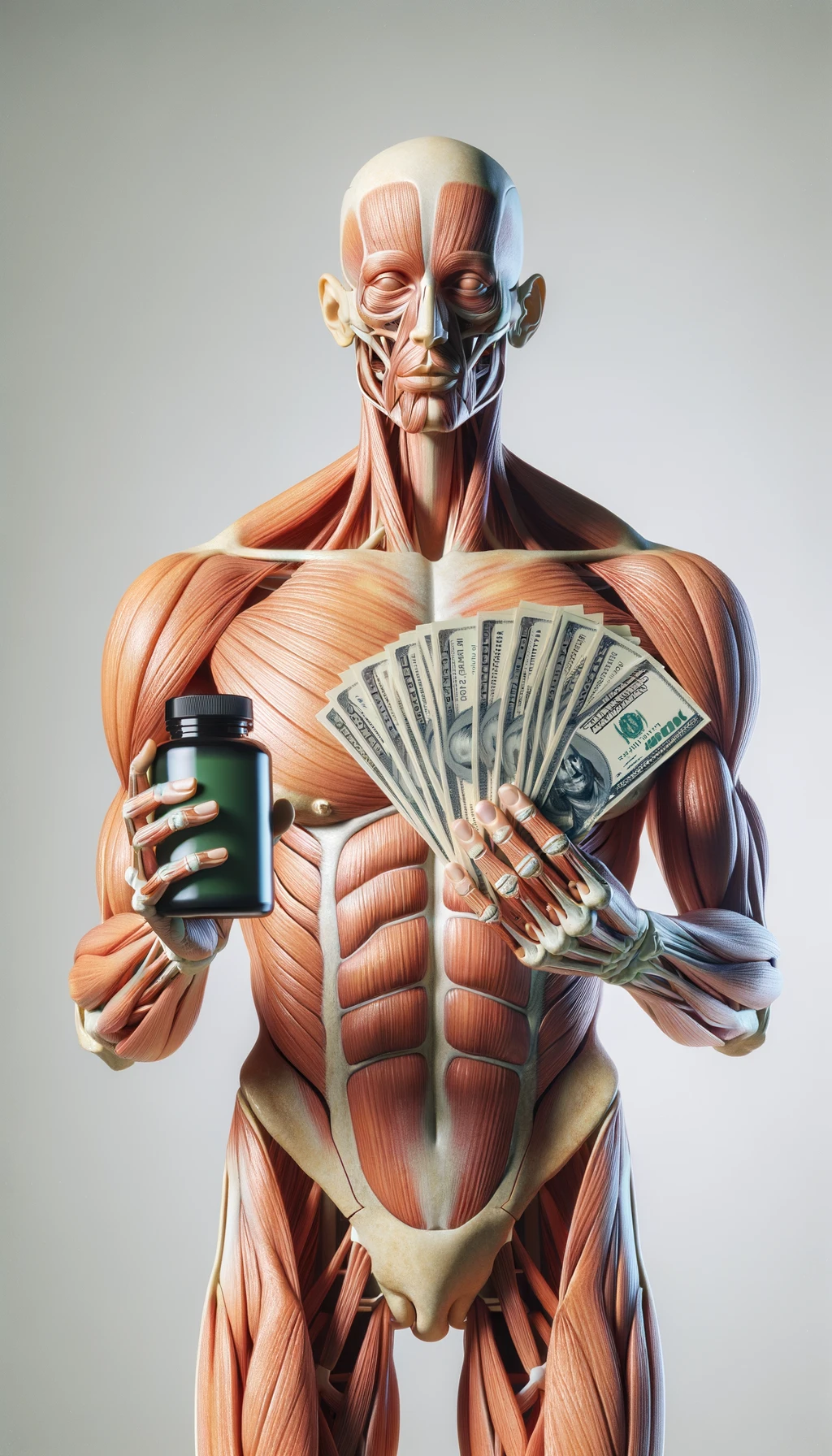corpo umano anatomico che tiene nella mano destra una boccetta di integratore e nella mano sinistra delle banconote, sfondo neutro chiaro emoji