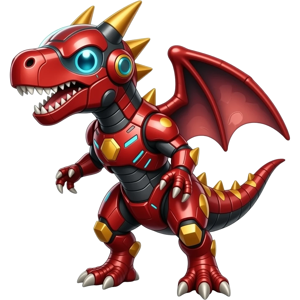 a shiny red Genesect-Flygon-spinosaurus-Fakémon—hybrid with a futuristic visor-helmet full body emoji