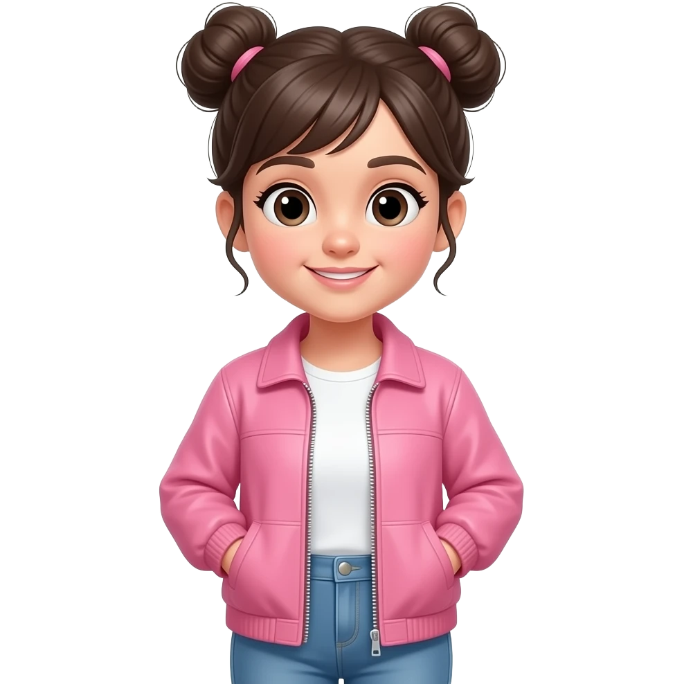 A girl is standing wearing a white shirt and jeans And wearing a pink jacket, her hair tied in two buns emoji