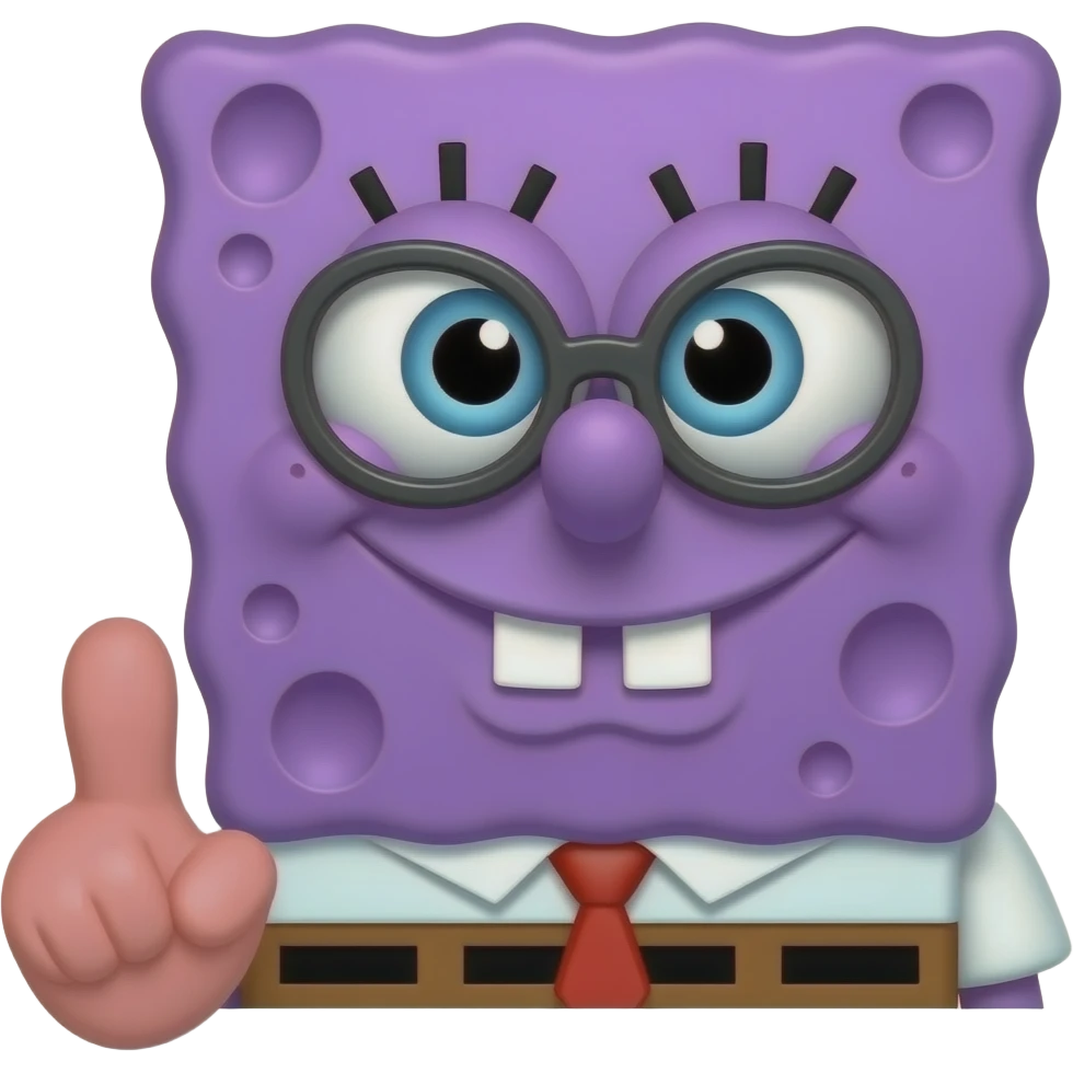 un Bob esponja del cartone animato di colore viola con il pizzetto e gli occhiali da vista emoji