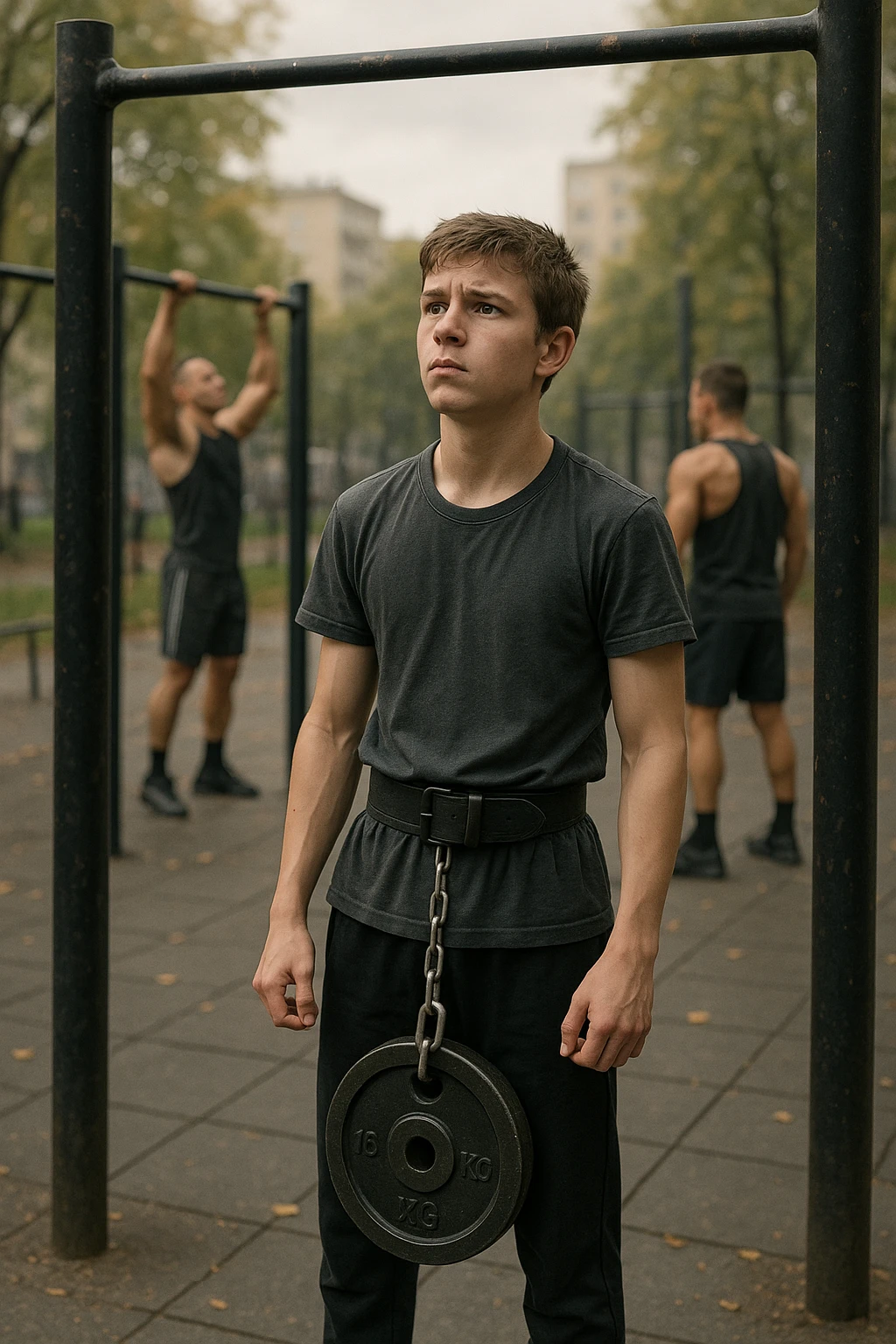 Giovane atleta neofita, fisico normale e non ancora sviluppato, si allena per la prima volta in uno spazio urbano per streetlifting: sbarra per trazioni, parallele, e pesi appesi alla cintura. L’ambiente è un parco cittadino o un’area outdoor sportiva, con luce naturale. L’atleta guarda la sbarra con determinazione e un po’ di insicurezza, ma con forte motivazione. Intorno, altri atleti più esperti. Stile realistico, atmosfera motivazionale, toni energici ma credibili, senso di inizio di un percorso emoji