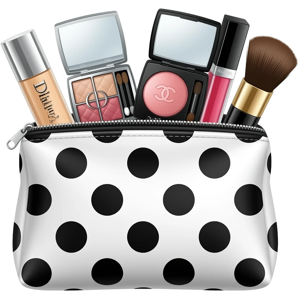 white polka dot with black dots makeup pouch inside Dior and Chanel makeup products products highlighter Dior palette channel blush ysl lipgloss etc the products inside the pouch emoji