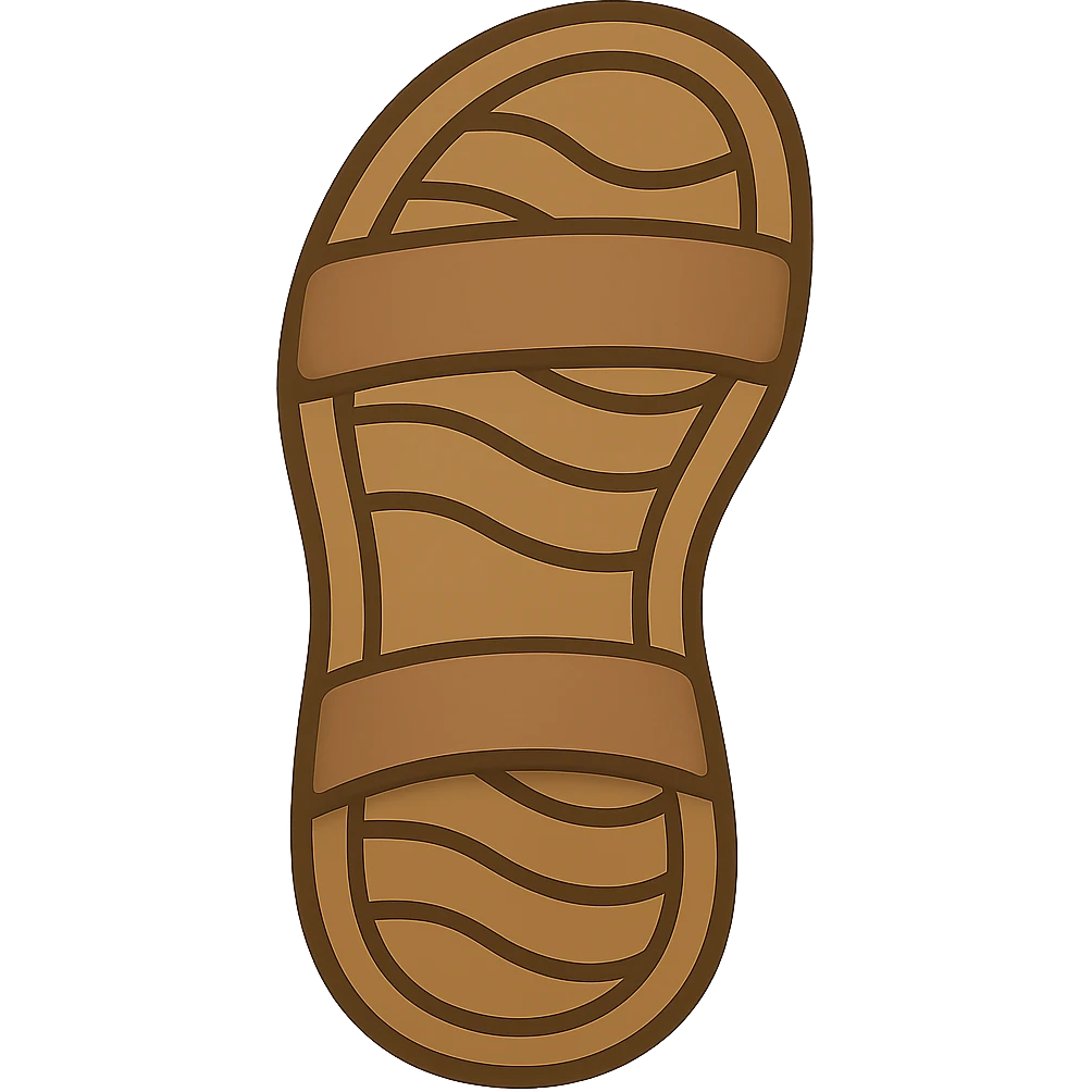 Create an emoji style sandal sole with minimal detail, matching the reference image, with two straps visible from the bottom. The style should reflect the look of apple style emojis with simple and clean design. emoji