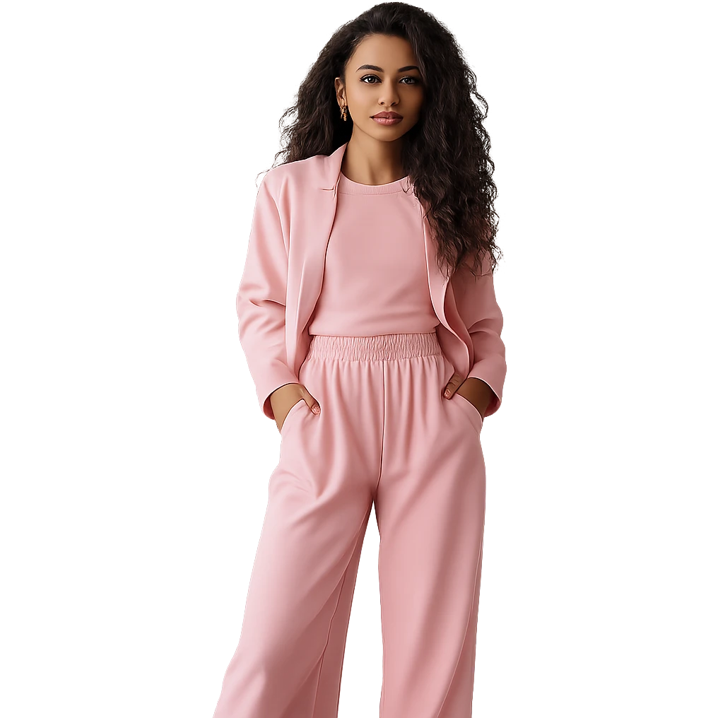 Remove the background, keep only the fashionable woman in pink outfit, realistic style, preserve transparency. emoji