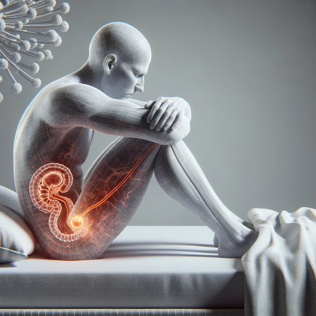 CORPO UMANO ANATOMICO SEDUTO NEL LETTO CHE NON RIESCE A DORMIRE, VESCICA ANATOMICA IN EVIDENZA, IPERREALISTICO SFONDO CHIARO NEUTRO emoji