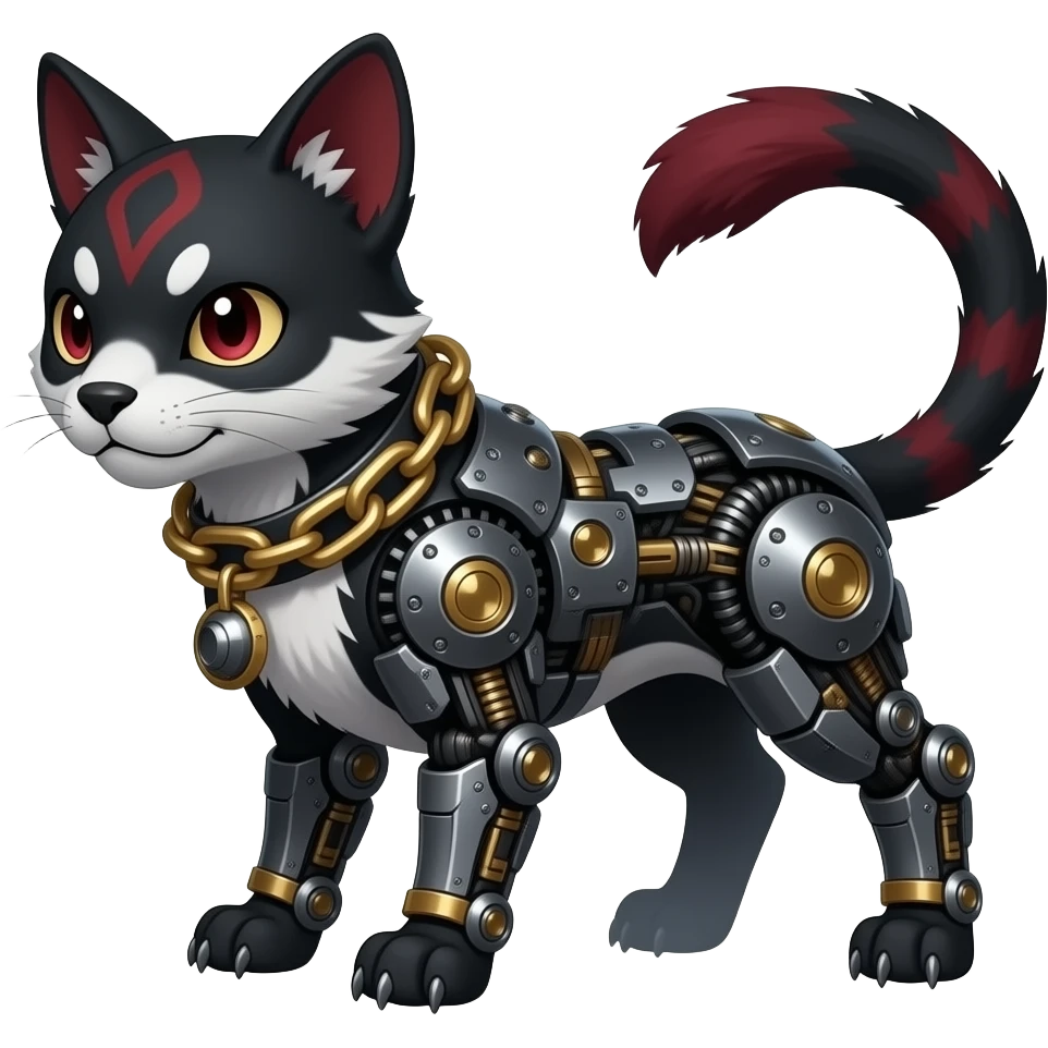 Mature quadrupedal Epic majestic complex  glorious futuristic detailed dark dusky gloomy deep gothic sanguine-blood-maroon-black-white, realistic Fakémon-Sprigatito-Floragato-Meowscarada-Trico-Sergal-Serval-Vernid-creature (full body) with metal gears and metal collar with gold chains emoji