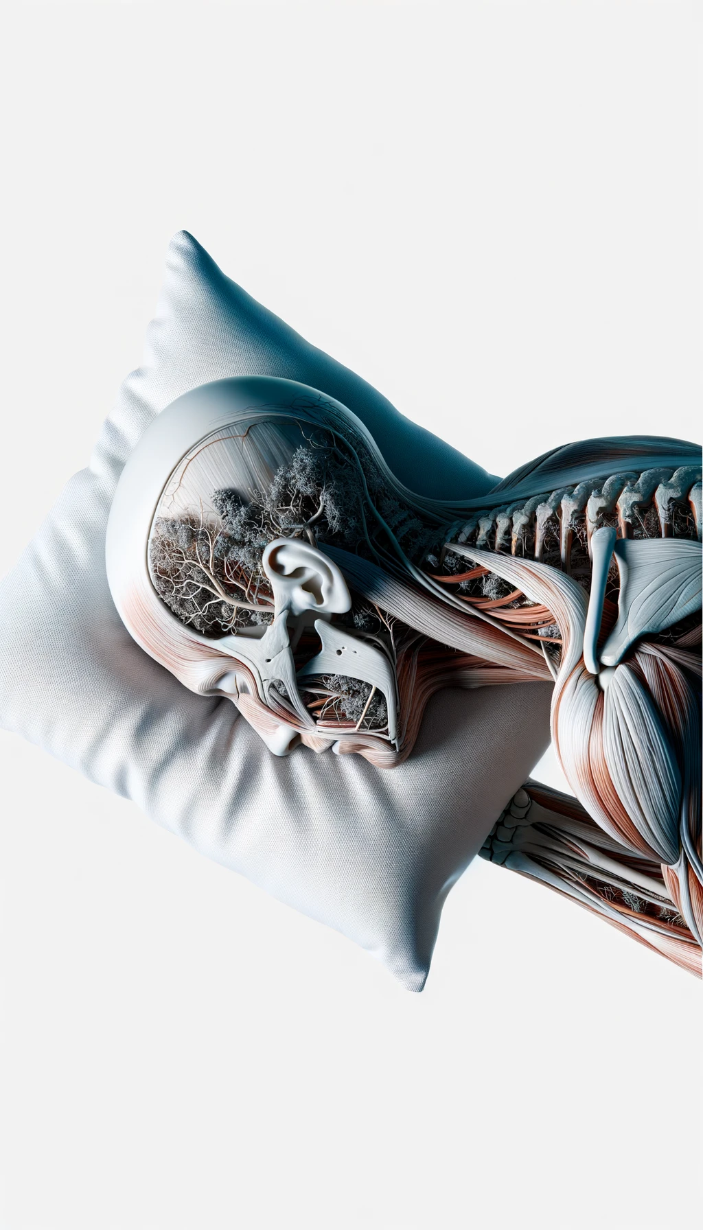 corpo umano anatomico CON TESTA SUL CUSCINO PERCHé STA DORMENDO, VISTO DALL'ALTO, ISOLATO SU SFONDO BIANCO, iperrealistico 4k emoji