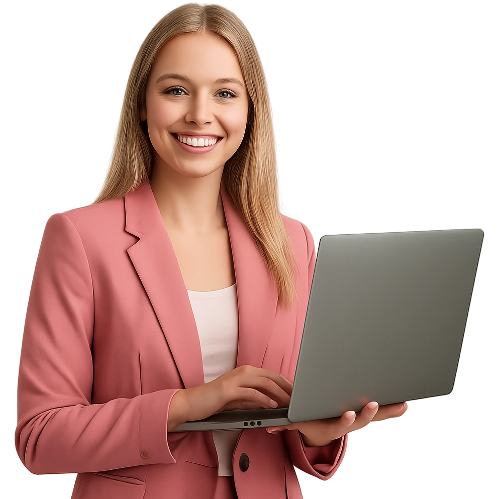 smiling young blonde woman in a pink blazer, holding a laptop emoji