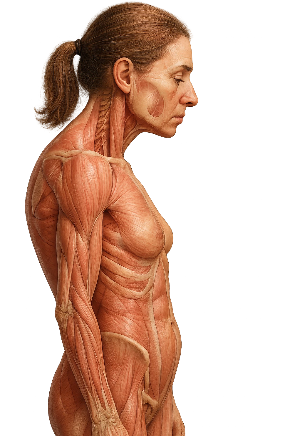corpo umano anatomico di una donna di profilo con postura errata e spalle curve in avanti
IPERREALISTICO 4K emoji