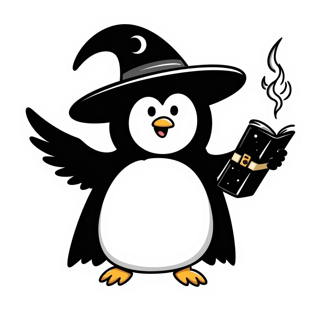 A penguin wizard holding a spellbook and casting a spell emoji
